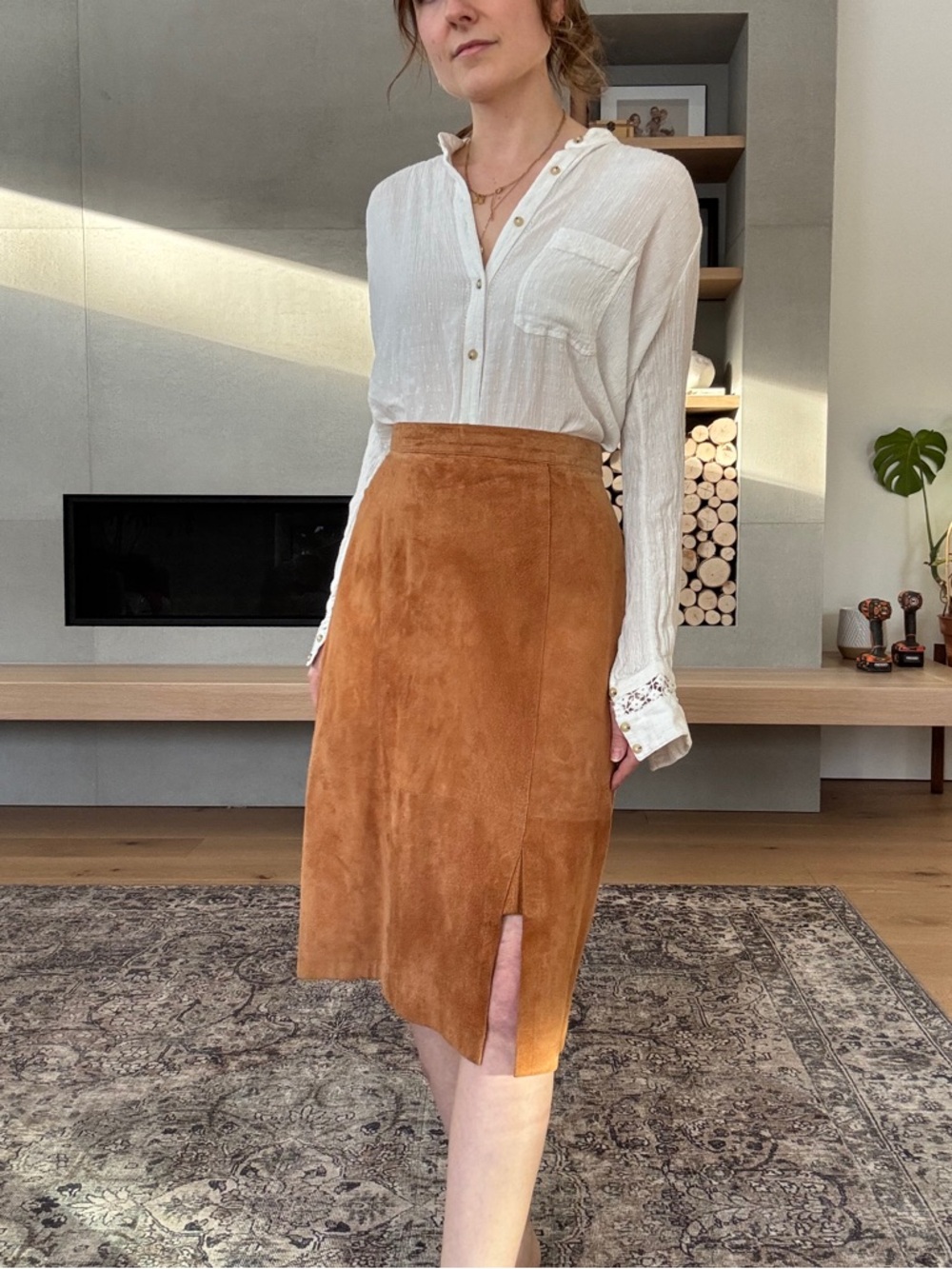 Vintage 100% suede leather Cognac Midi Skirt with Front Slit medium